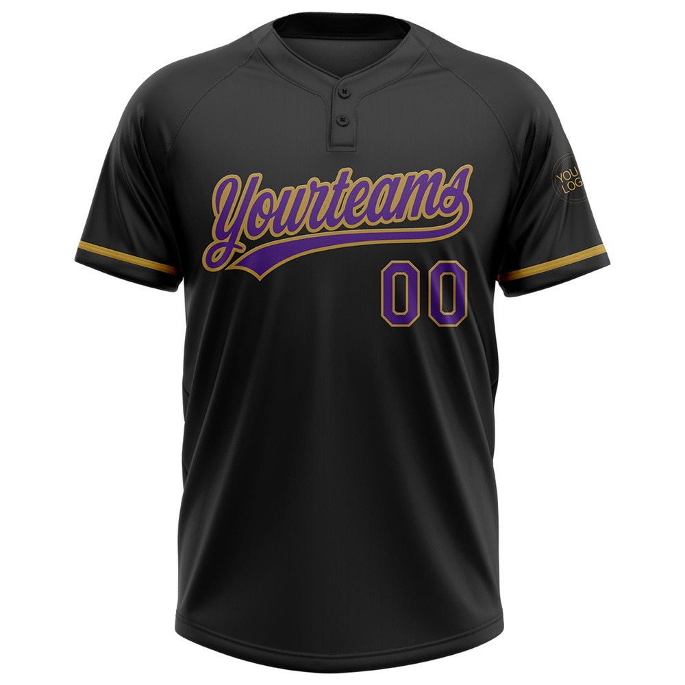 Black Purple Old Gold Two Button Unisex Softball Jersey, Custom Team Softball Jersey