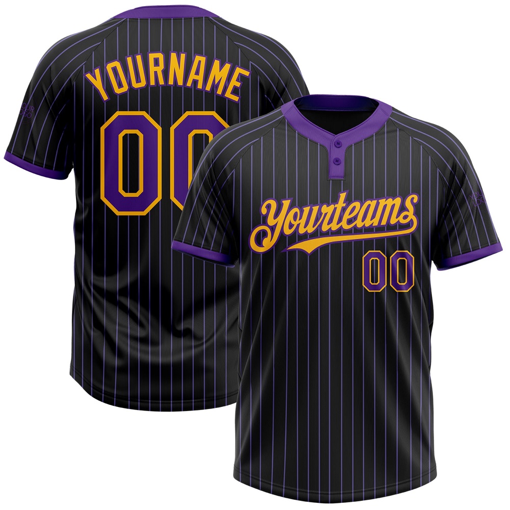 Black Purple Pinstripe Gold Two Button Unisex Softball Jersey, Custom Team Softball Jersey