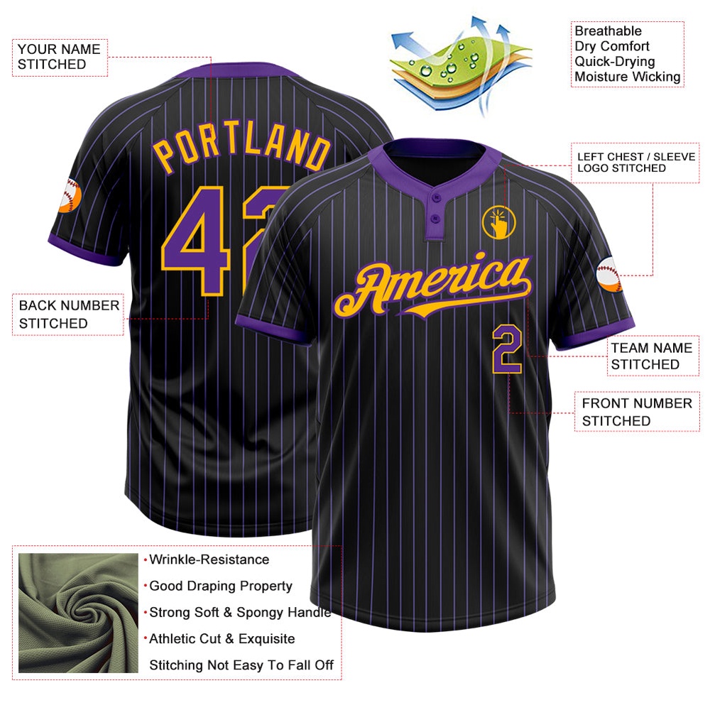Black Purple Pinstripe Gold Two Button Unisex Softball Jersey, Custom Team Softball Jersey