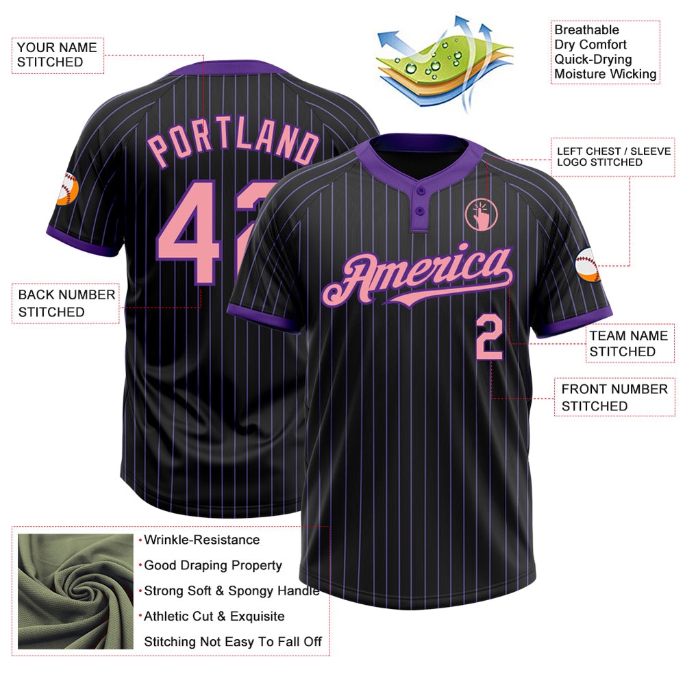 Black Purple Pinstripe Medium Pink Two Button Unisex Softball Jersey, Custom Team Softball Jersey