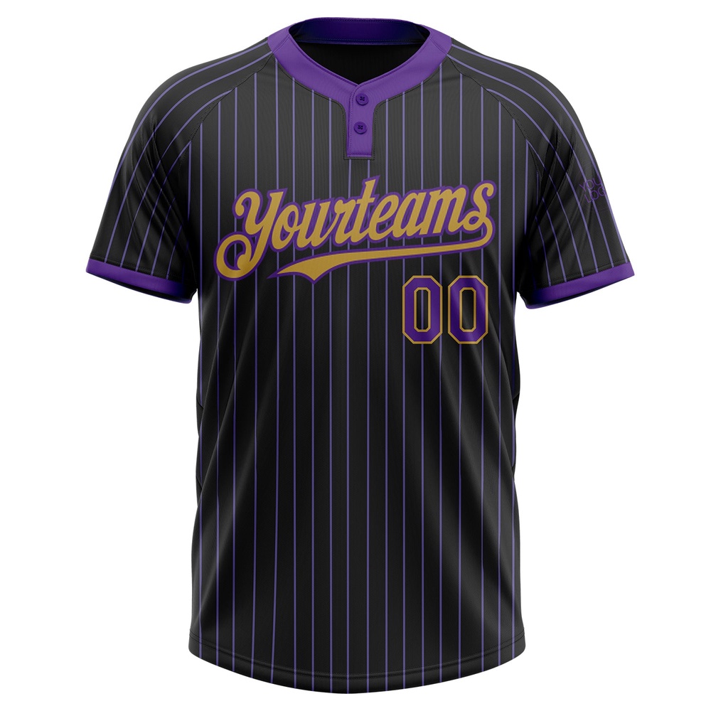 Black Purple Pinstripe Old Gold Two Button Unisex Softball Jersey, Custom Team Softball Jersey
