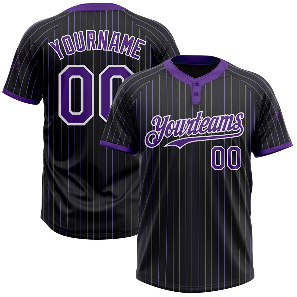 Black Purple Pinstripe White Two Button Unisex Softball Jersey, Custom Team Softball Jersey