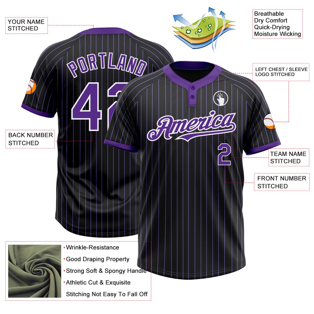 Black Purple Pinstripe White Two Button Unisex Softball Jersey, Custom Team Softball Jersey