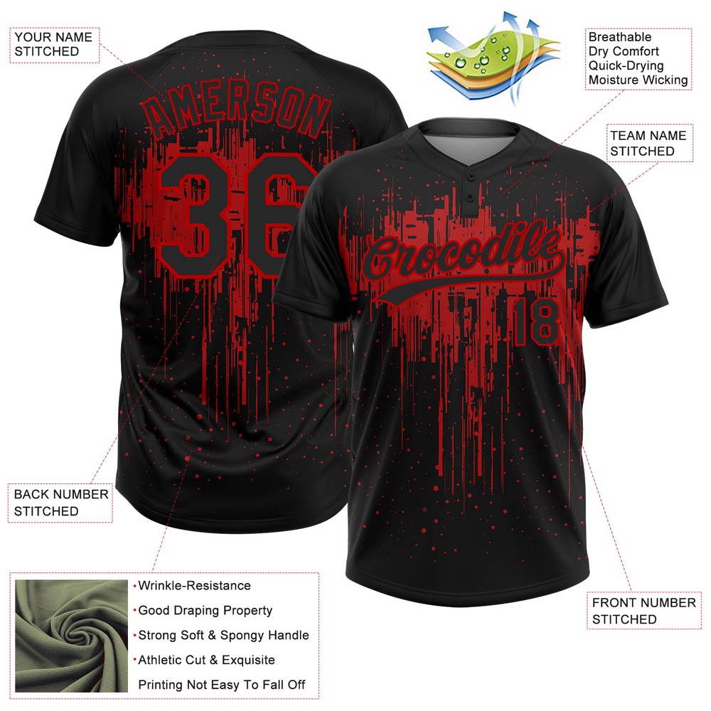 Black Red 3D Pattern Dripping Splatter Art Two Button Unisex Softball Jersey, Custom Team Softball Jersey