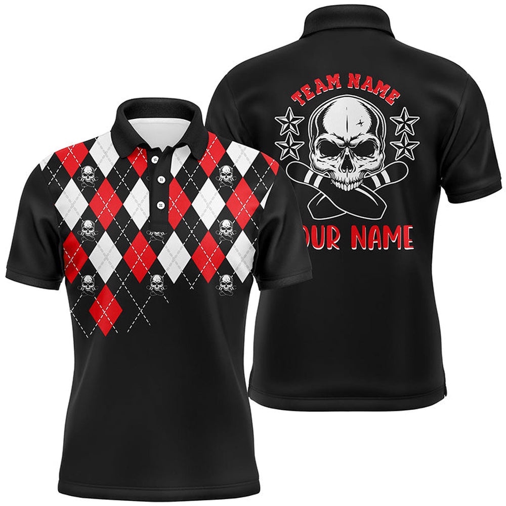 Black Red Argyle Pattern Bowling Skull Custom Bowling Polo Shirts For Men, Bowling Polo Shirt, Personalized Bowling Team Shirt