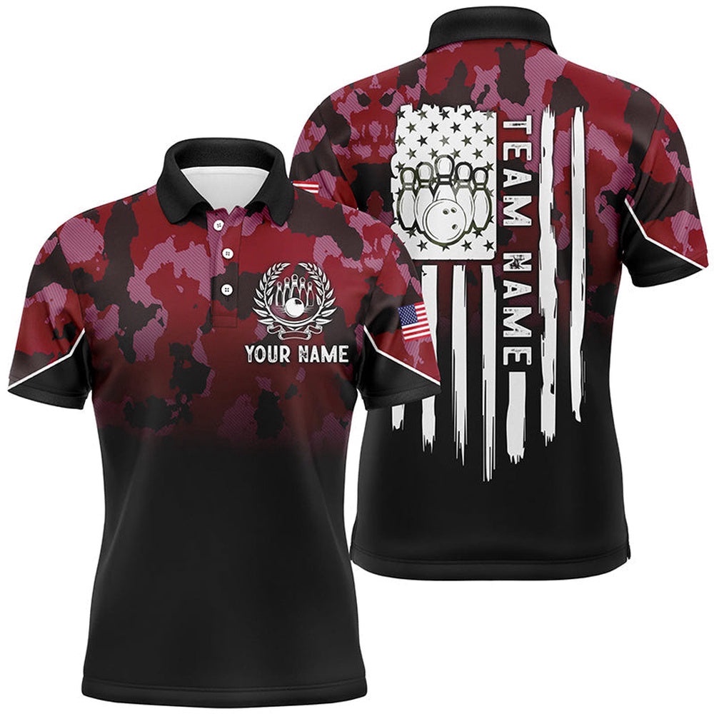 Black Red Camo Mens Polo Bowling Shirts Custom American Flag Patriotic Bowling Team League Polo Shirt, Personalized Bowling Team Shirt Black Red Camo Mens Polo Bowling Shirts Custom American Flag Patriotic Bowling Team League Polo Shirt, Personalized Bowling Team Shirt