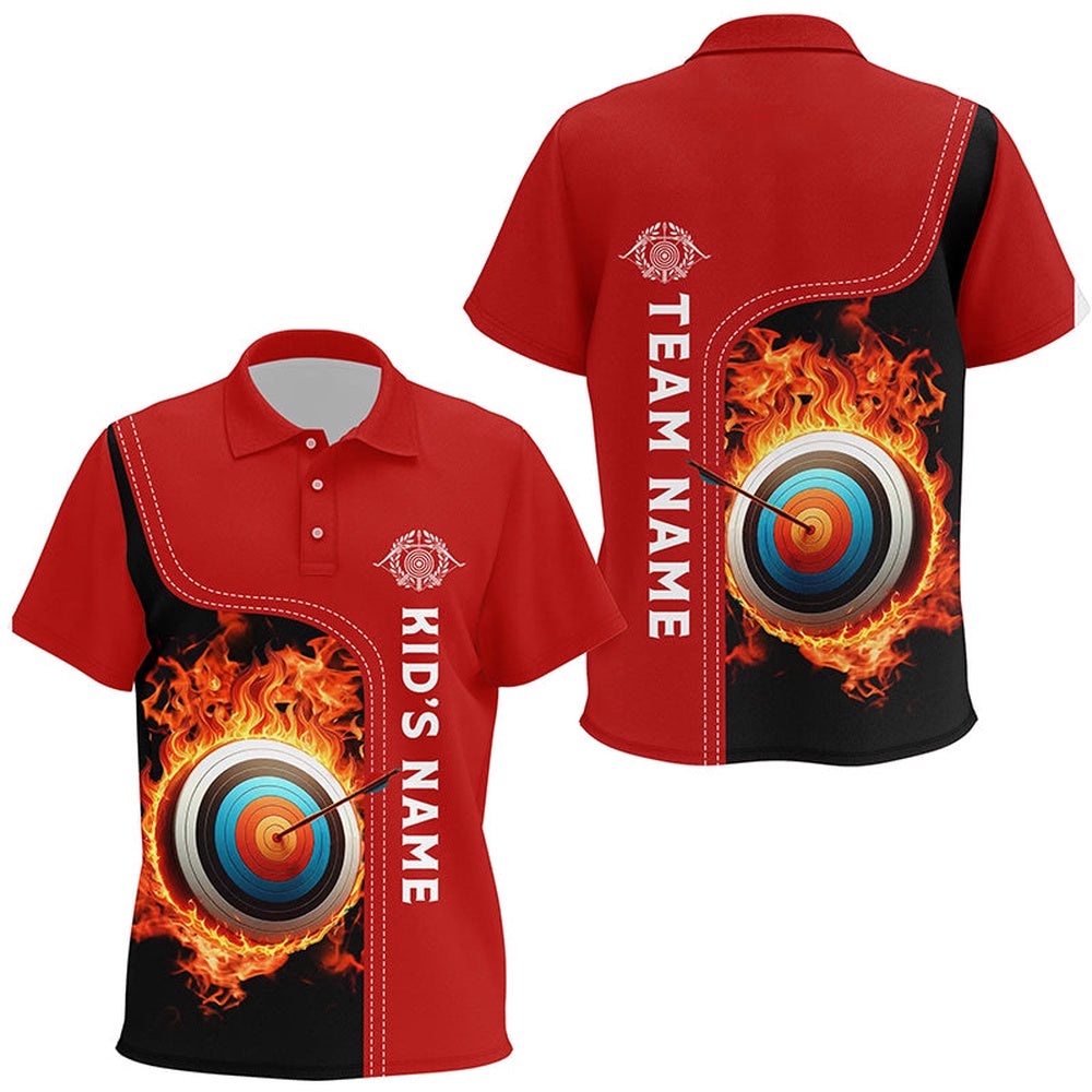 Black Red Flaming Target Archery Polo Shirts, Custom Archery Team Polo, Custom Archery Team Polo Shirt