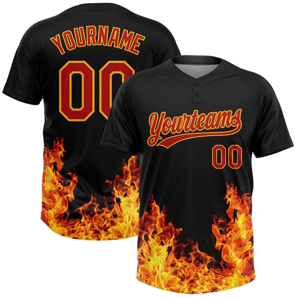 Black Red Gold 3D Pattern Design Flame Two Button Unisex Softball Jersey, Custom Team Softball Jersey