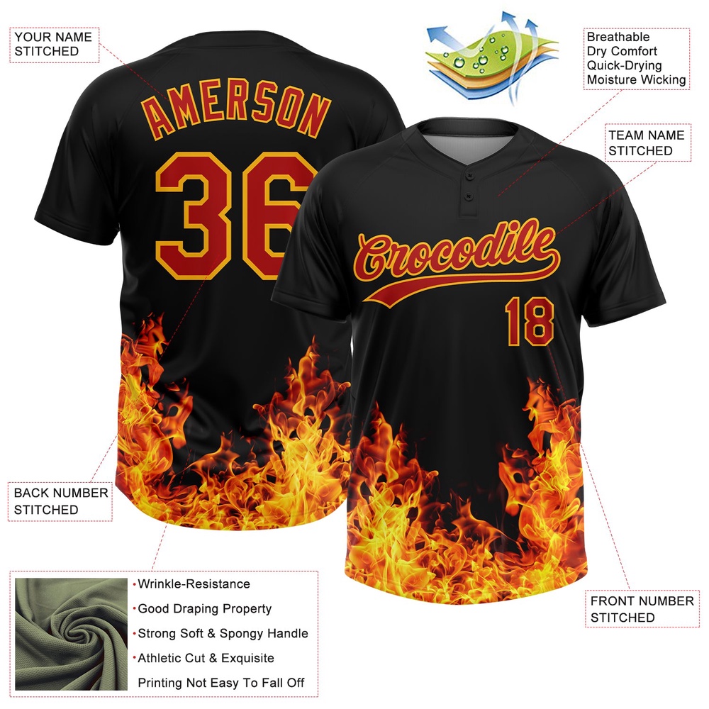 Black Red Gold 3D Pattern Design Flame Two Button Unisex Softball Jersey, Custom Team Softball Jersey