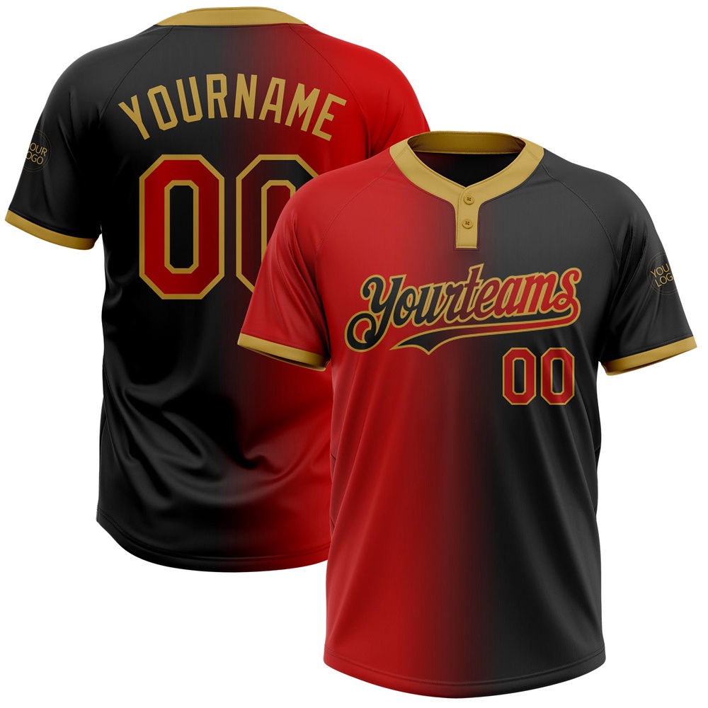 Black Red Old Gold Gradient Fashion Two Button Unisex Softball Jersey, Custom Team Softball Jersey