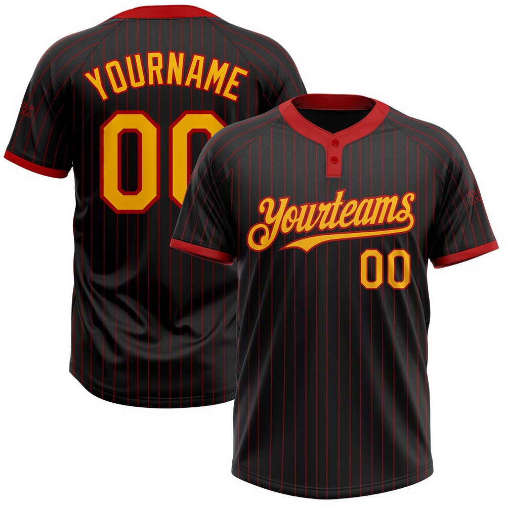 Black Red Pinstripe Gold Two Button Unisex Softball Jersey, Custom Team Softball Jersey