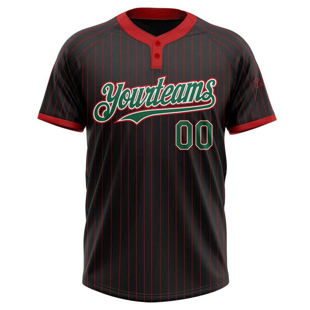 Black Red Pinstripe Kelly Green White Two Button Unisex Softball Jersey, Custom Team Softball Jersey