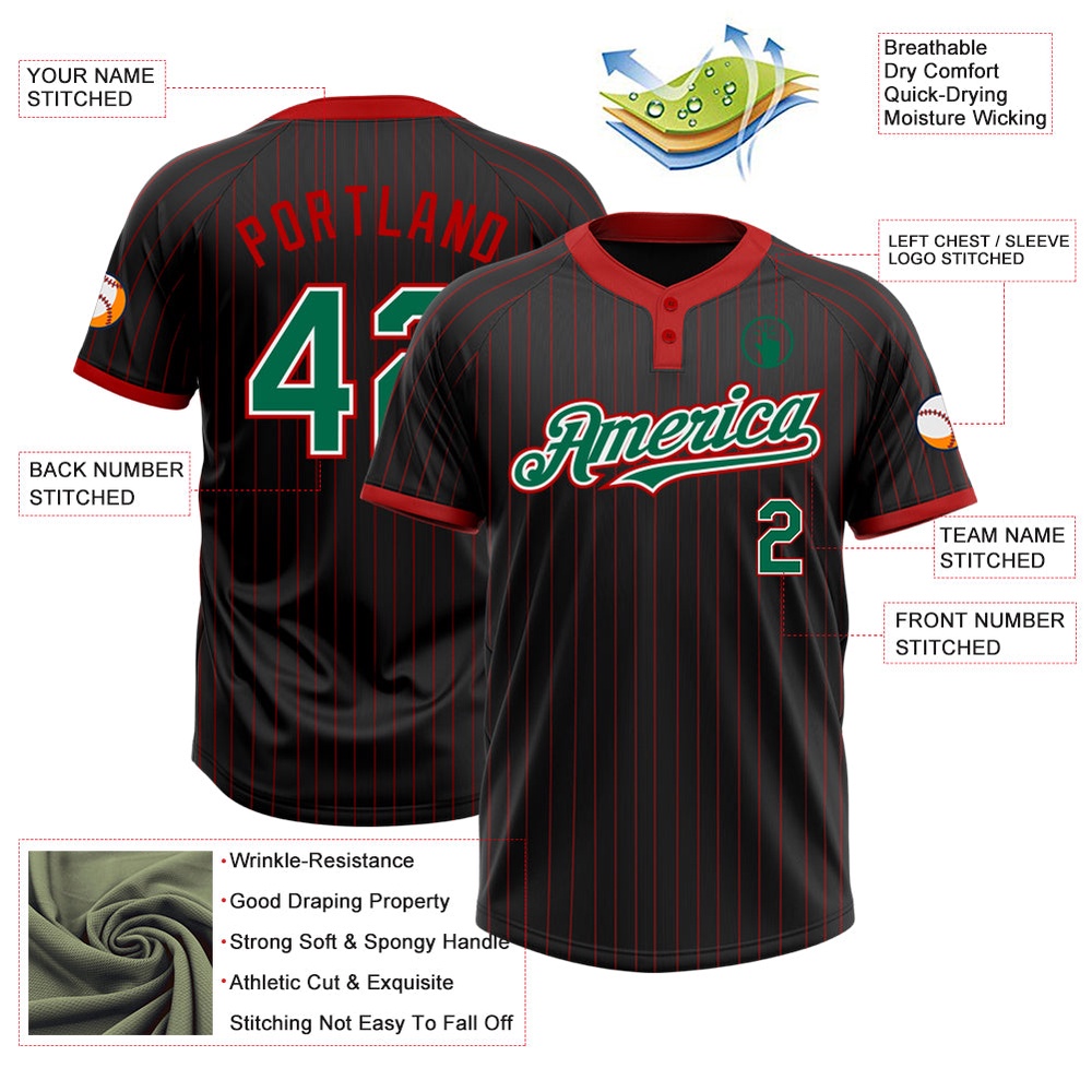 Black Red Pinstripe Kelly Green White Two Button Unisex Softball Jersey, Custom Team Softball Jersey