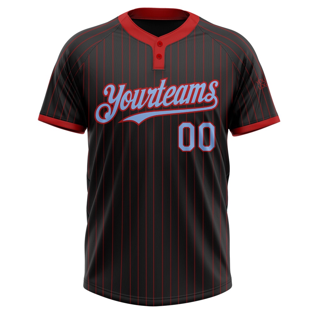 Black Red Pinstripe Light Blue Two Button Unisex Softball Jersey, Custom Team Softball Jersey