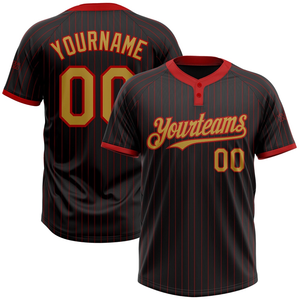 Black Red Pinstripe Old Gold Two Button Unisex Softball Jersey, Custom Team Softball Jersey