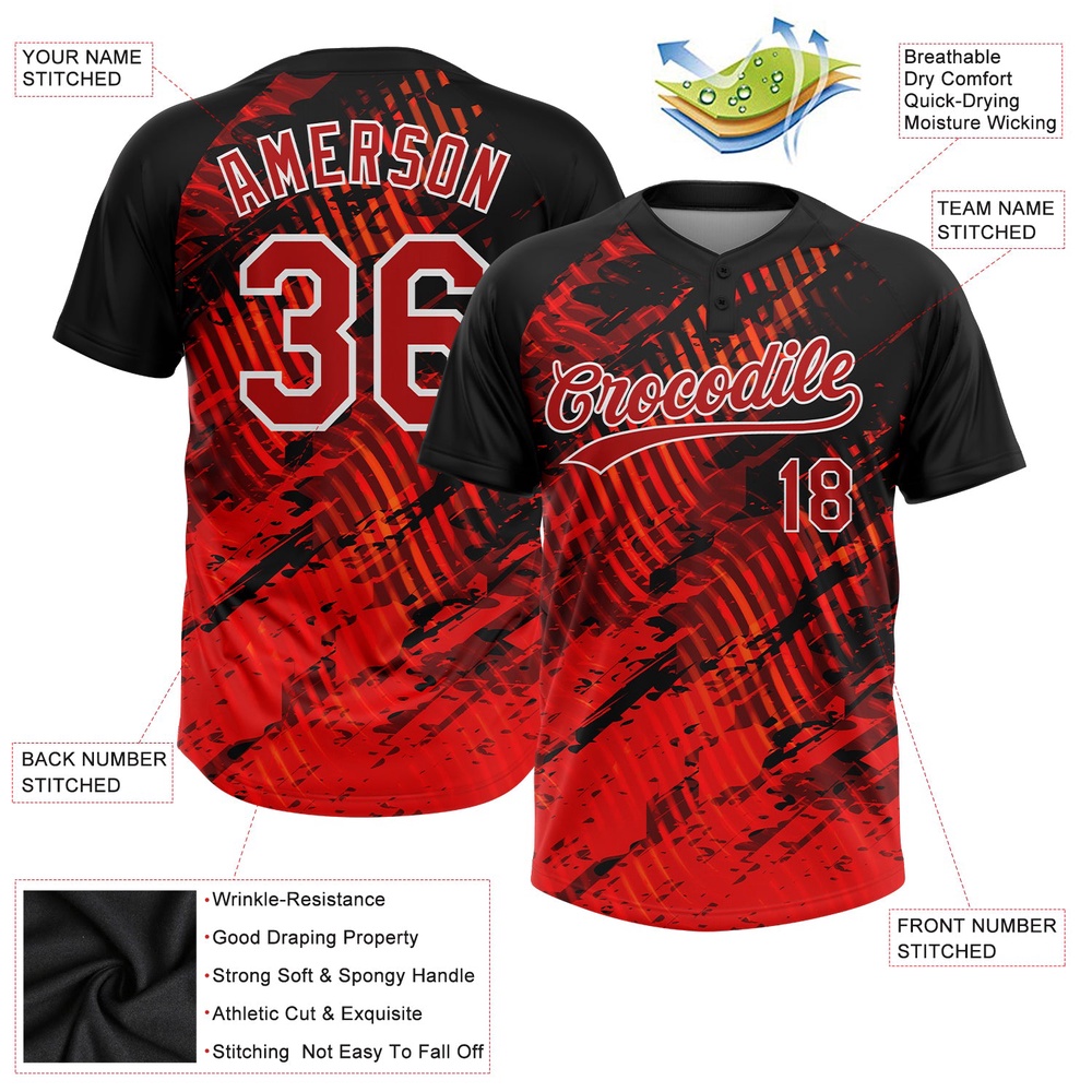 Black Red White 3D Pattern Two Button Unisex Softball Jersey, Custom Team Softball Jersey