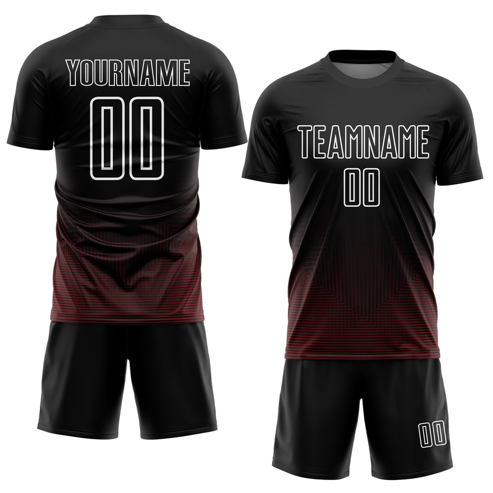 Black Red White Geometric Lines Sublimation Soccer Uniform Jersey, Custom Team Soccer Jersey Shirt