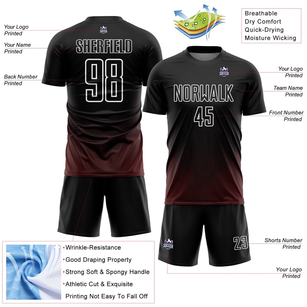 Black Red White Geometric Lines Sublimation Soccer Uniform Jersey, Custom Team Soccer Jersey Shirt
