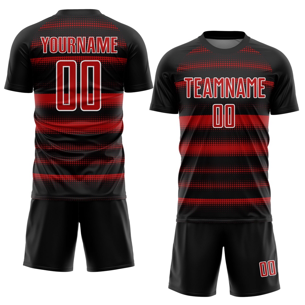 Black Red White Halftone Dots Sublimation Soccer Uniform Jersey, Custom Team Soccer Jersey Shirt Black Red White Halftone Dots Sublimation Soccer Uniform Jersey, Custom Team Soccer Jersey Shirt