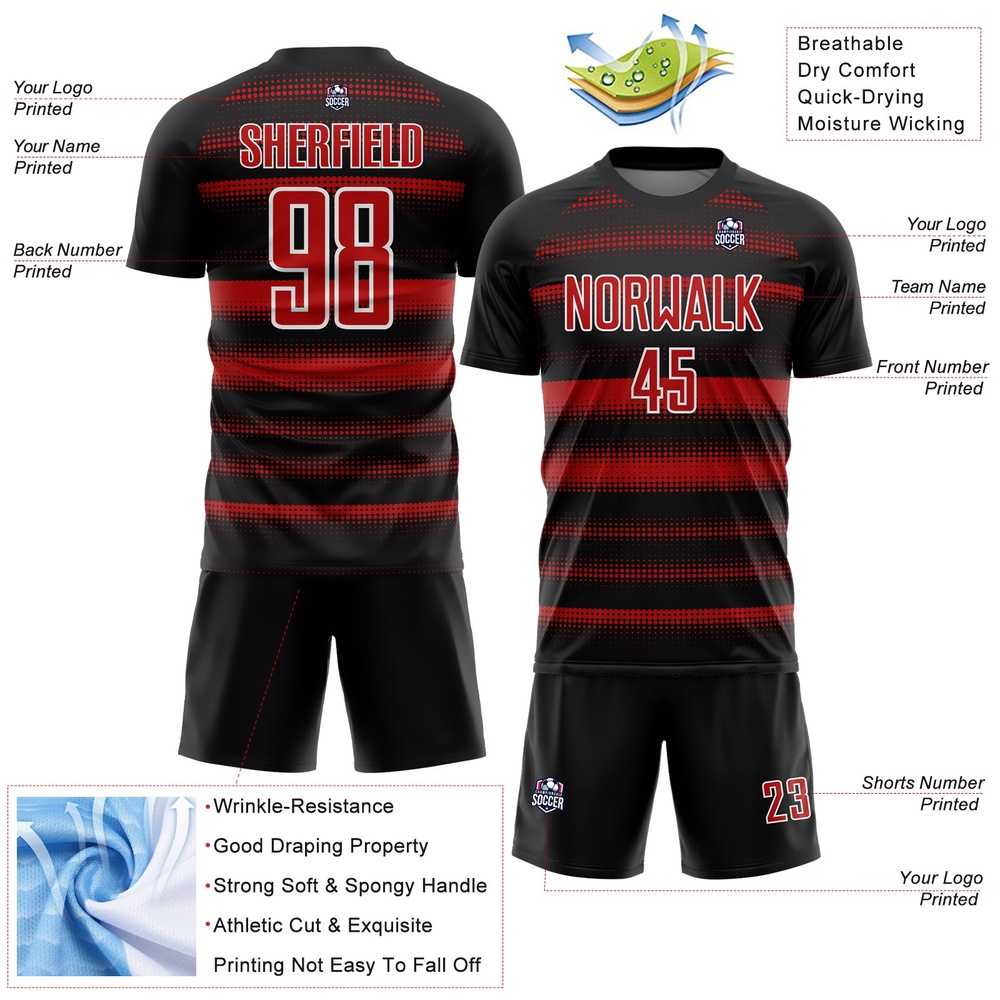 Black Red White Halftone Dots Sublimation Soccer Uniform Jersey, Custom Team Soccer Jersey Shirt Black Red White Halftone Dots Sublimation Soccer Uniform Jersey, Custom Team Soccer Jersey Shirt