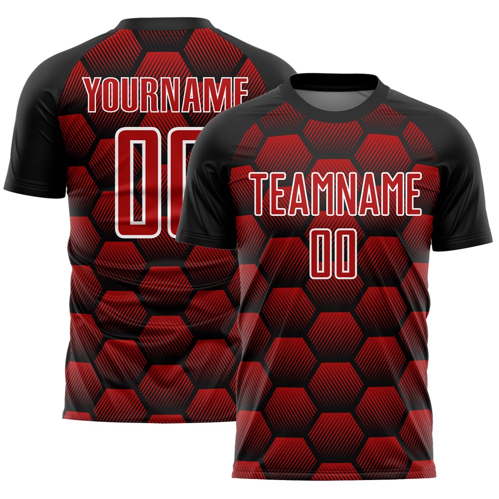 Black Red White Hexagons Pattern Sublimation Soccer Uniform Jersey, Custom Team Soccer Jersey Shirt Black Red White Hexagons Pattern Sublimation Soccer Uniform Jersey, Custom Team Soccer Jersey Shirt
