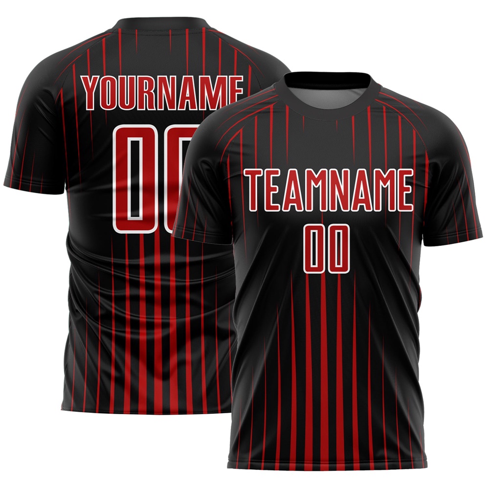Black Red White Lines Sublimation Soccer Uniform Jersey, Custom Team Soccer Jersey Shirt Black Red White Lines Sublimation Soccer Uniform Jersey, Custom Team Soccer Jersey Shirt