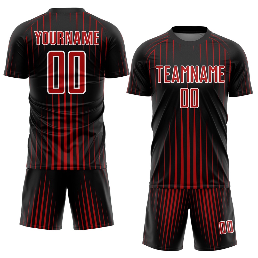 Black Red White Lines Sublimation Soccer Uniform Jersey, Custom Team Soccer Jersey Shirt Black Red White Lines Sublimation Soccer Uniform Jersey, Custom Team Soccer Jersey Shirt