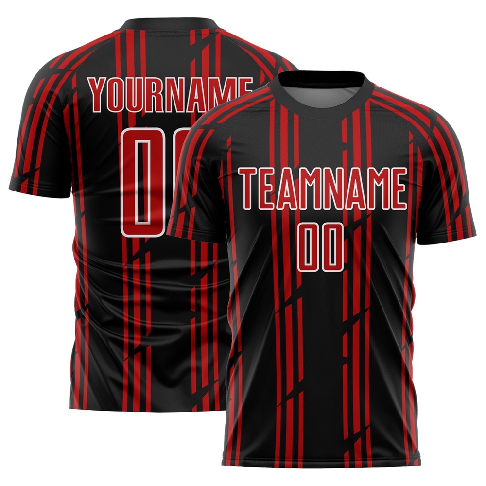 Black Red White Pinstripe Sublimation Soccer Uniform Jersey, Custom Team Soccer Jersey Shirt