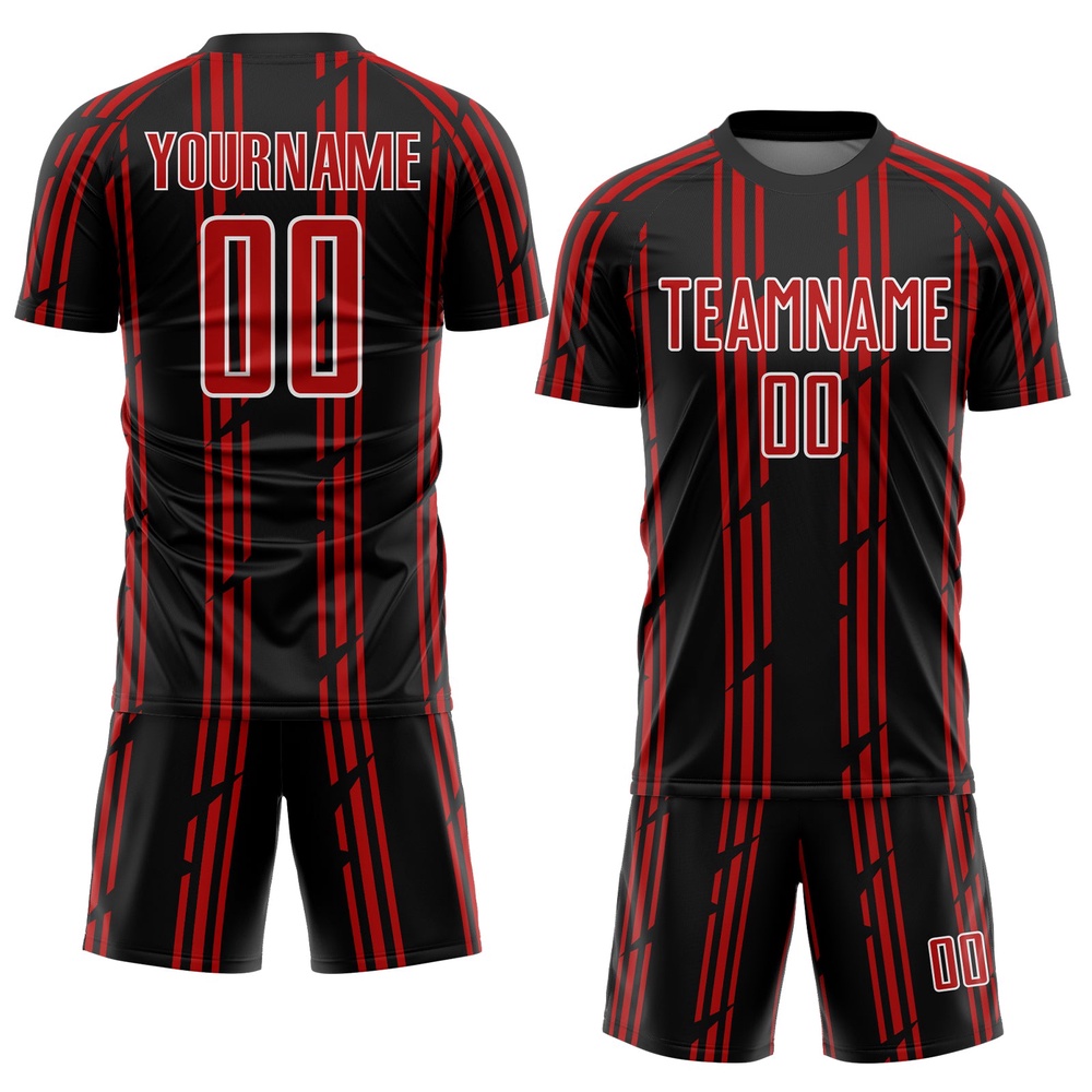 Black Red White Pinstripe Sublimation Soccer Uniform Jersey, Custom Team Soccer Jersey Shirt