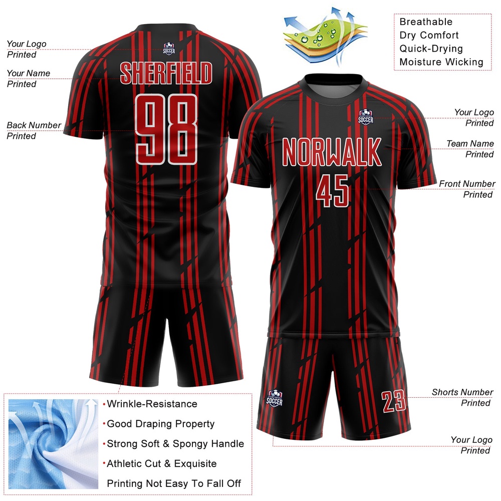 Black Red White Pinstripe Sublimation Soccer Uniform Jersey, Custom Team Soccer Jersey Shirt