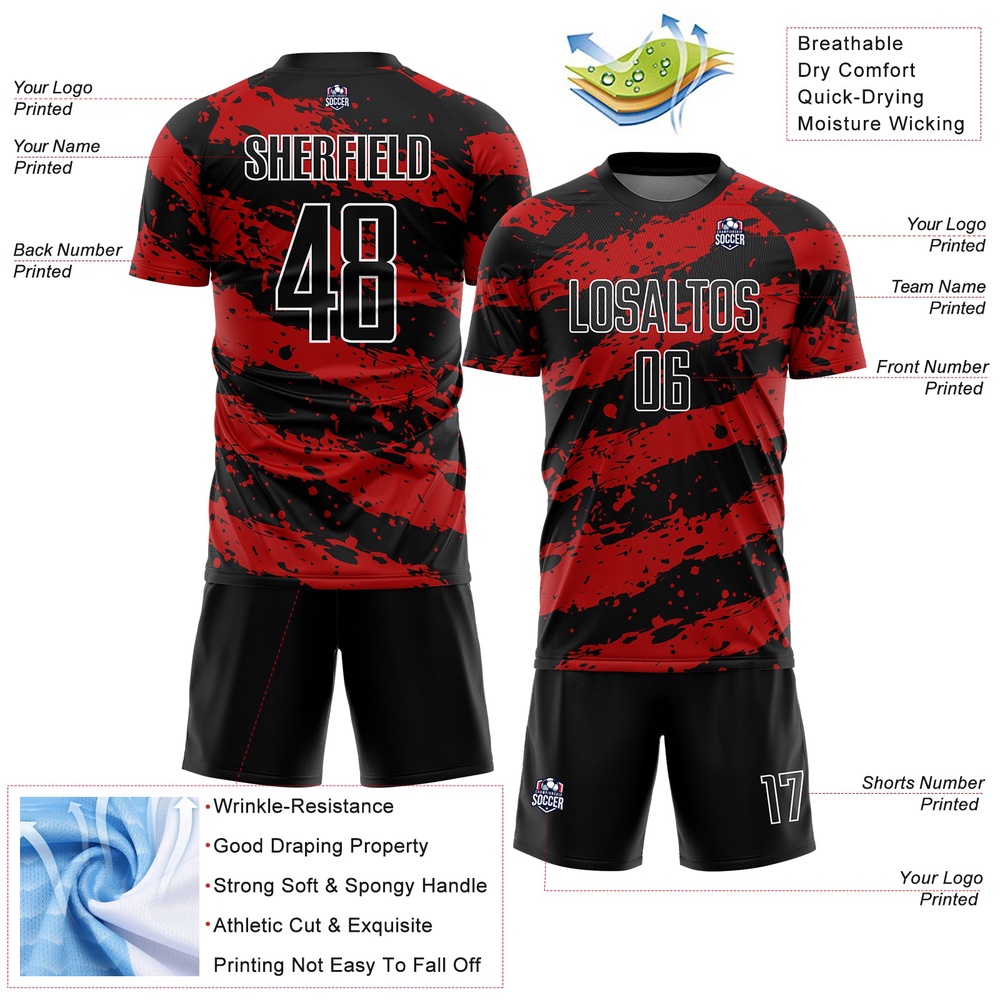 Black Red White Splash Sublimation Soccer Uniform Jersey, Custom Team Soccer Jersey Shirt Black Red White Splash Sublimation Soccer Uniform Jersey, Custom Team Soccer Jersey Shirt