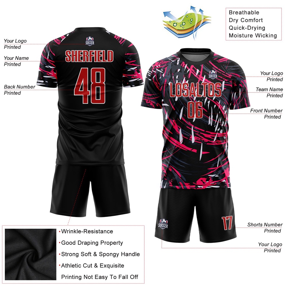 Black Red White Sublimation Soccer Uniform Jersey, Custom Team Soccer Jersey Shirt Black Red White Sublimation Soccer Uniform Jersey, Custom Team Soccer Jersey Shirt