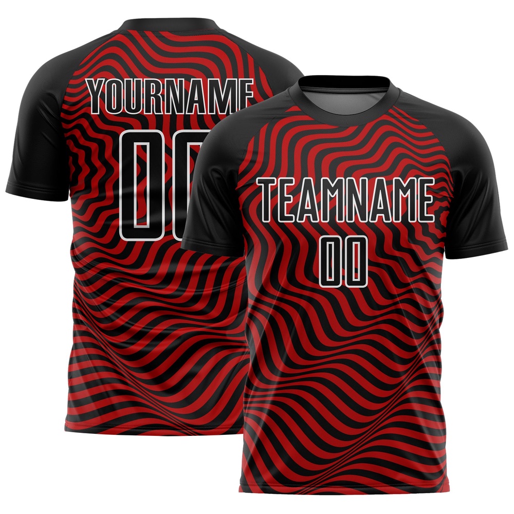 Black Red White Wavy Lines Sublimation Soccer Uniform Jersey, Custom Team Soccer Jersey Shirt Black Red White Wavy Lines Sublimation Soccer Uniform Jersey, Custom Team Soccer Jersey Shirt