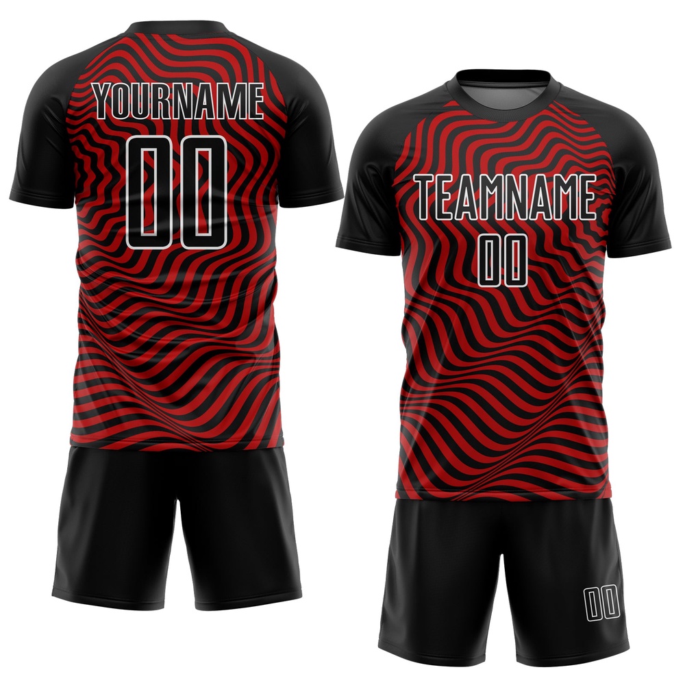 Black Red White Wavy Lines Sublimation Soccer Uniform Jersey, Custom Team Soccer Jersey Shirt Black Red White Wavy Lines Sublimation Soccer Uniform Jersey, Custom Team Soccer Jersey Shirt