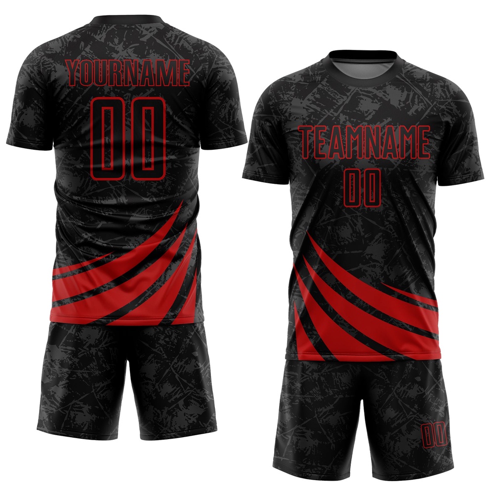 Black Red Wind Shapes Sublimation Soccer Uniform Jersey, Custom Team Soccer Jersey Shirt Black Red Wind Shapes Sublimation Soccer Uniform Jersey, Custom Team Soccer Jersey Shirt
