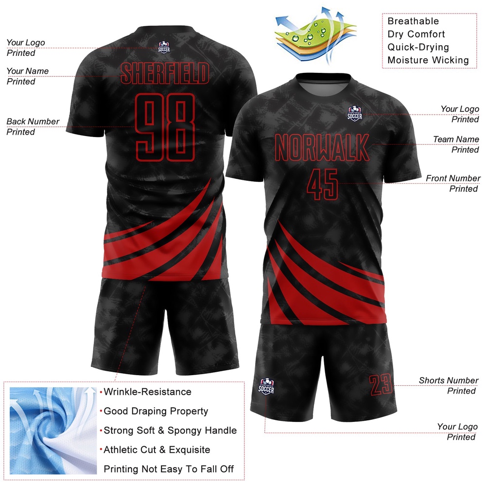 Black Red Wind Shapes Sublimation Soccer Uniform Jersey, Custom Team Soccer Jersey Shirt Black Red Wind Shapes Sublimation Soccer Uniform Jersey, Custom Team Soccer Jersey Shirt