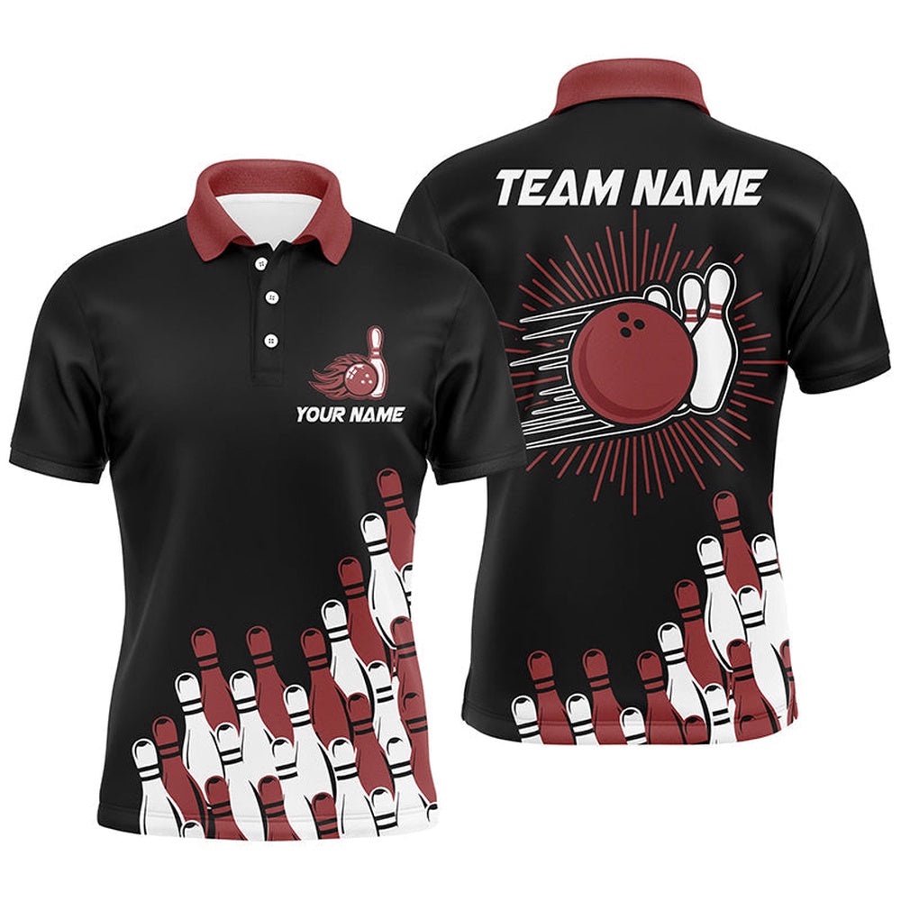 Black Retro Bowling Team Shirt Custom Men Bowling Polo Shirt For Him Red, Personalized Bowling Team Shirt