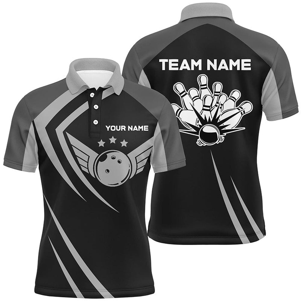 Black Retro Vintage Bowling Polo Shirts For Men Custom Bowling Team League Polo Shirt, Personalized Bowling Team Shirt