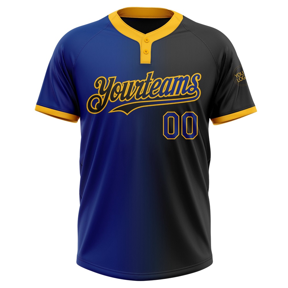 Black Royal Gold Gradient Fashion Two Button Unisex Softball Jersey, Custom Team Softball Jersey