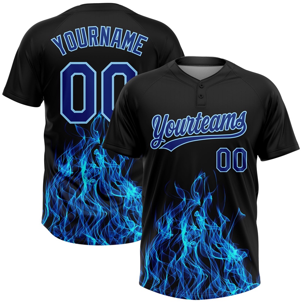 Black Royal Light Blue 3D Pattern Flame Two Button Unisex Softball Jersey, Custom Team Softball Jersey