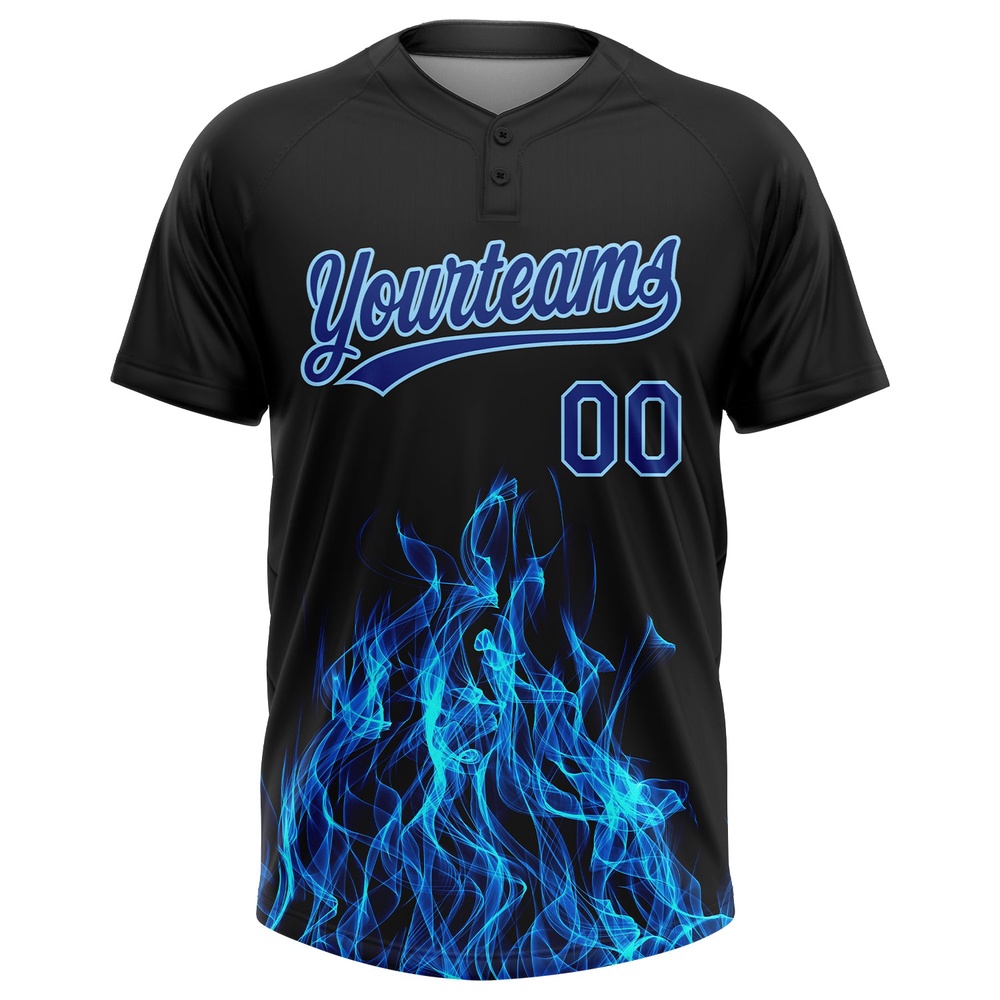 Black Royal Light Blue 3D Pattern Flame Two Button Unisex Softball Jersey, Custom Team Softball Jersey