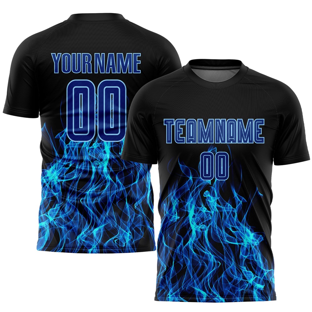 Black Royal Light Blue Flame Sublimation Soccer Uniform Jersey, Custom Team Soccer Jersey Shirt Black Royal Light Blue Flame Sublimation Soccer Uniform Jersey, Custom Team Soccer Jersey Shirt