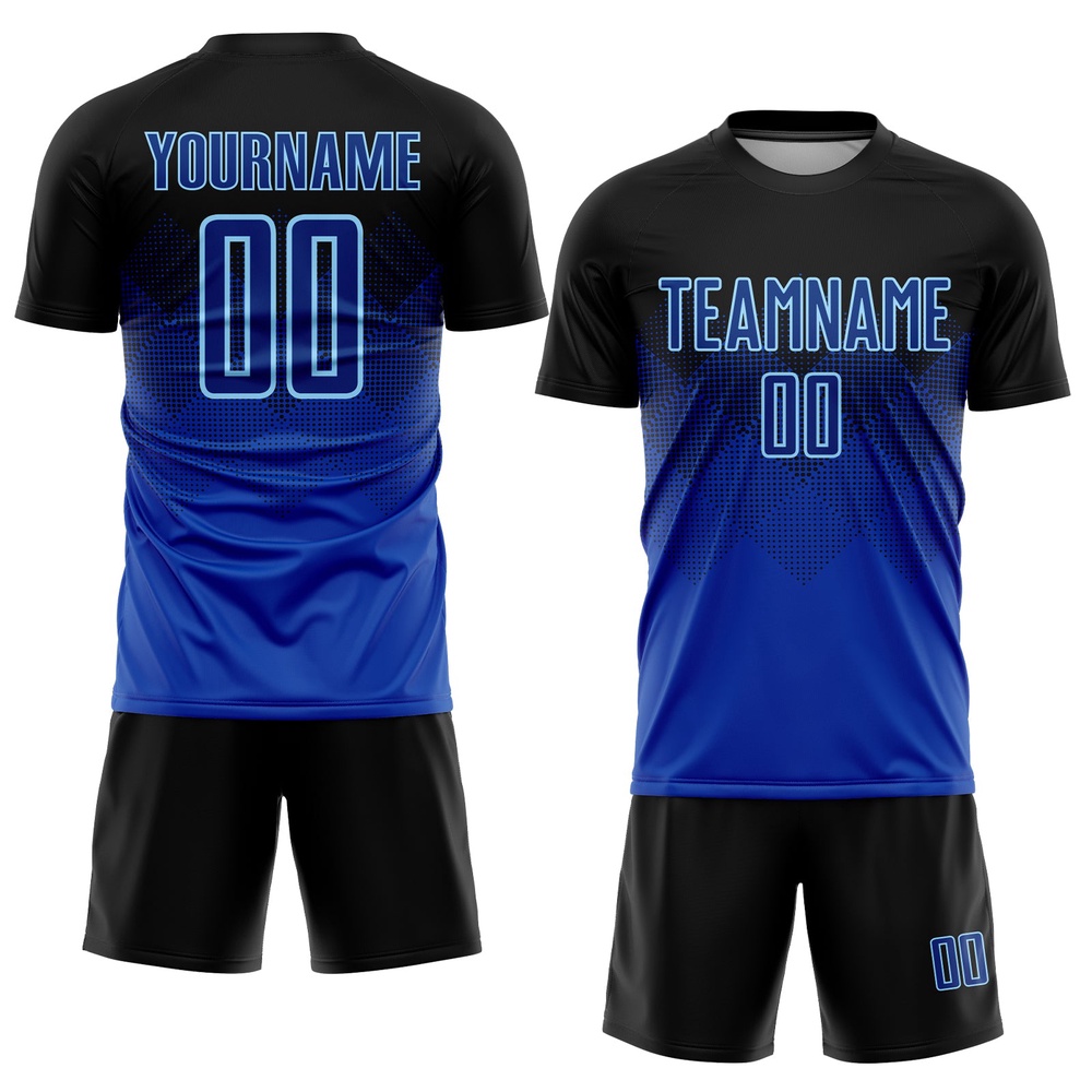 Black Royal Light Blue Sublimation Soccer Uniform Jersey, Custom Team Soccer Jersey Shirt Black Royal Light Blue Sublimation Soccer Uniform Jersey, Custom Team Soccer Jersey Shirt