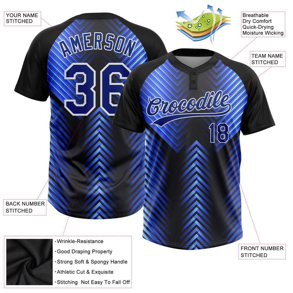 Black Royal Powder Blue 3D Pattern Two Button Unisex Softball Jersey, Custom Team Softball Jersey