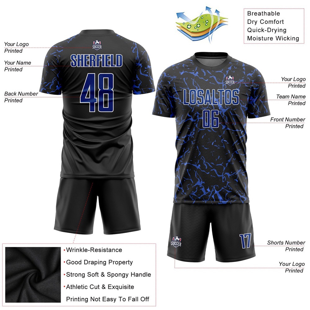 Black Royal White Sublimation Soccer Uniform Jersey, Custom Team Soccer Jersey Shirt Black Royal White Sublimation Soccer Uniform Jersey, Custom Team Soccer Jersey Shirt