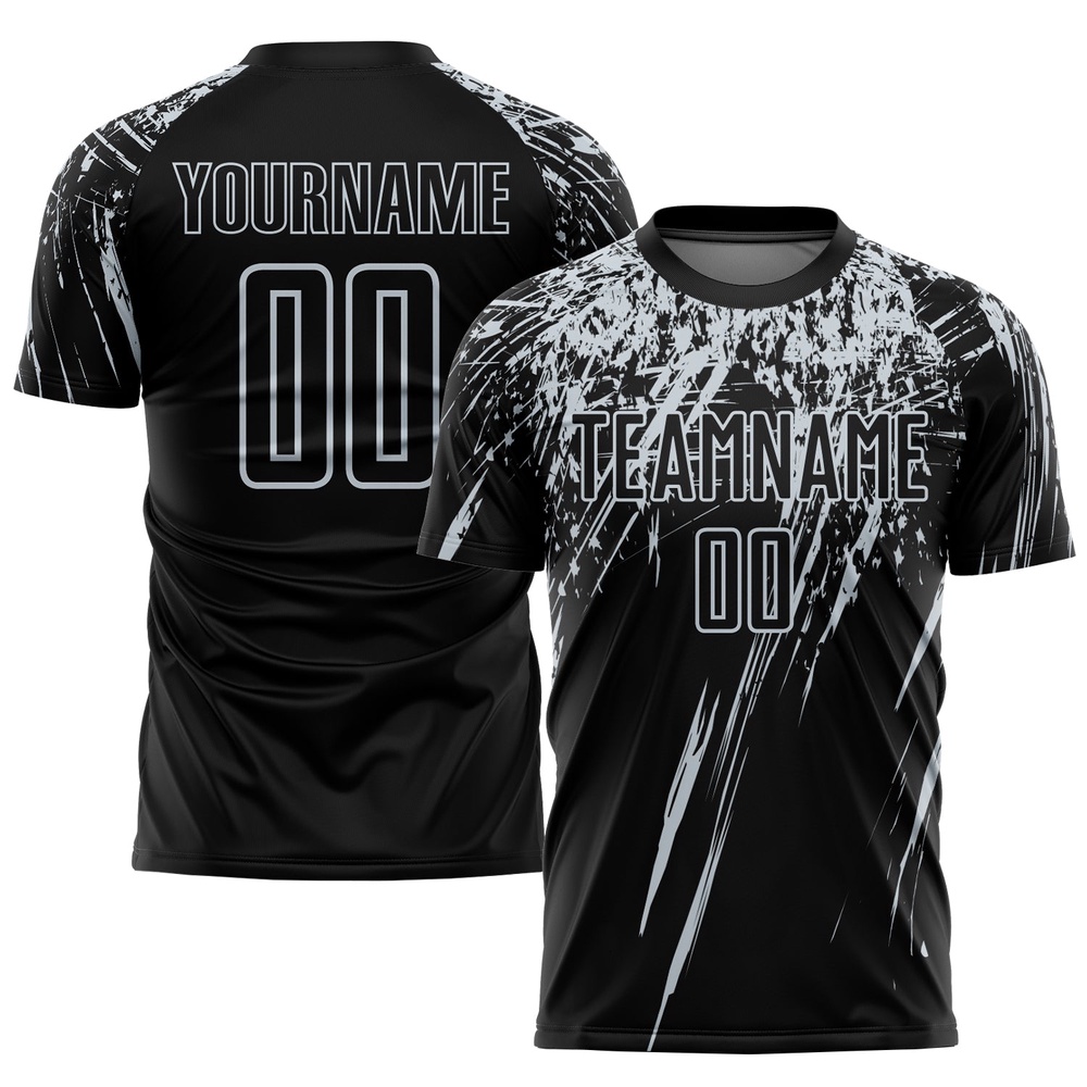 Black Silver Sublimation Soccer Uniform Jersey, Custom Team Soccer Jersey Shirt Black Silver Sublimation Soccer Uniform Jersey, Custom Team Soccer Jersey Shirt