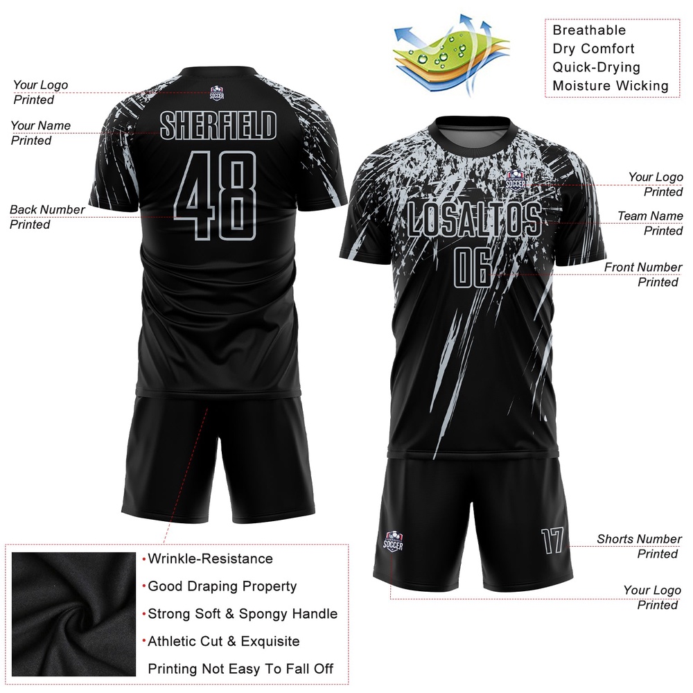 Black Silver Sublimation Soccer Uniform Jersey, Custom Team Soccer Jersey Shirt Black Silver Sublimation Soccer Uniform Jersey, Custom Team Soccer Jersey Shirt