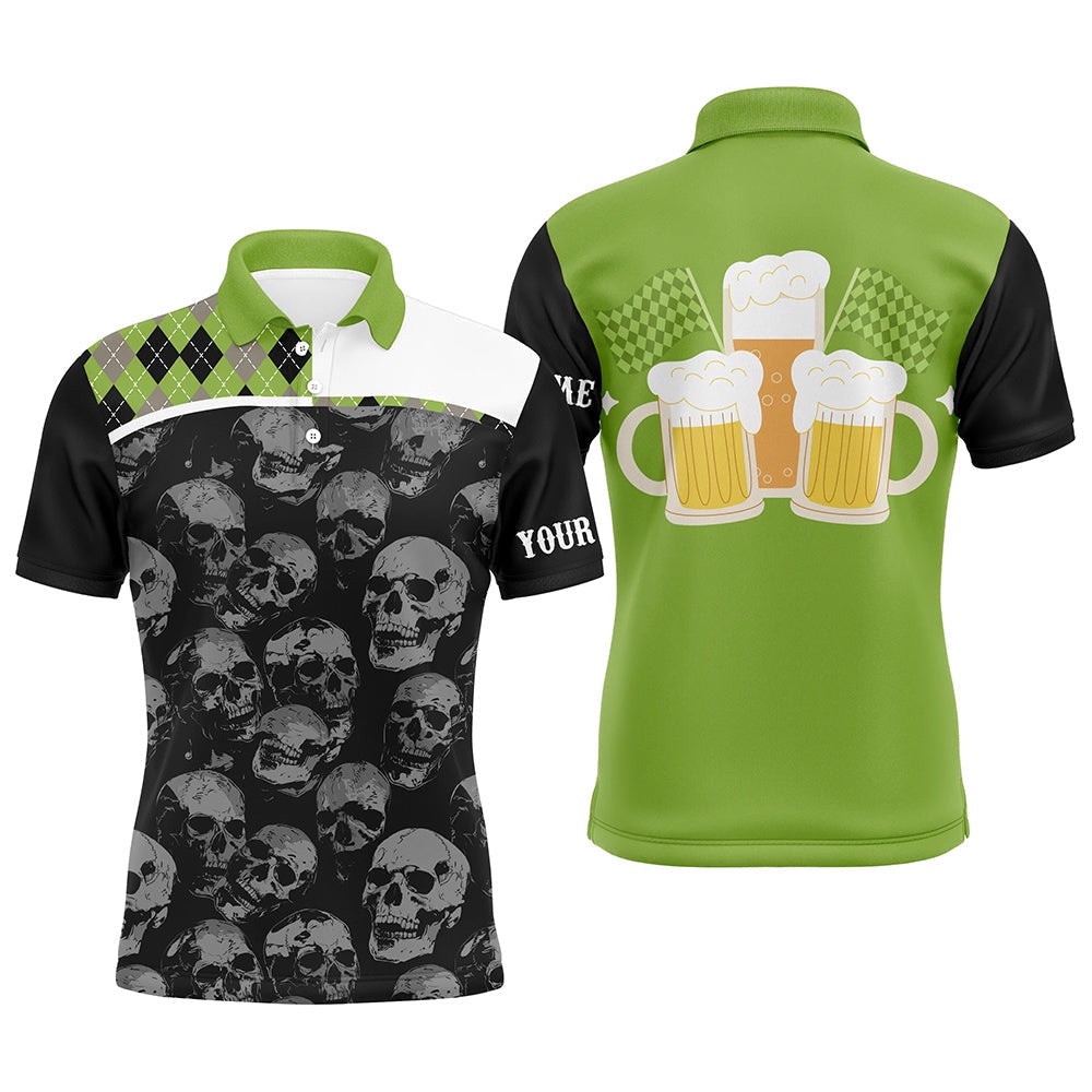 Black Skull Argyle Plaid Pattern Men’s Golf Polo Shirts Custom Team Beer Golf Top For Men Green, Golf Polo Shirt, Golf Shirts
