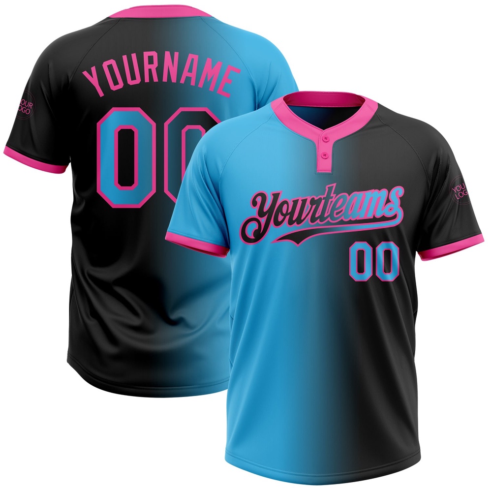 Black Sky Blue Pink Gradient Fashion Two Button Unisex Softball Jersey, Custom Team Softball Jersey