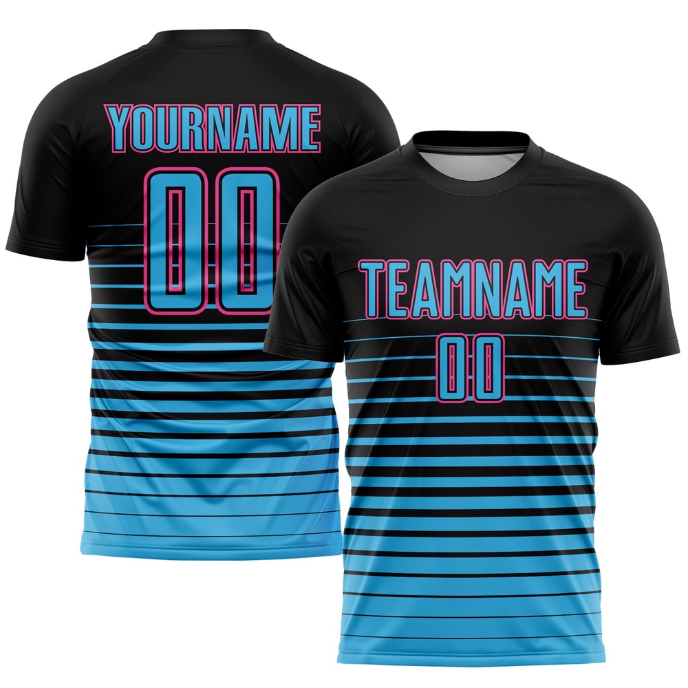 Black Sky Blue Pink Pinstripe Fade Fashion Sublimation Soccer Uniform Jersey, Custom Team Soccer Jersey Shirt